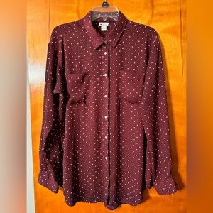 Women’s comfortable LS & stylish “Stylus” XL Burgundy Top Blouse w/sm polka dots